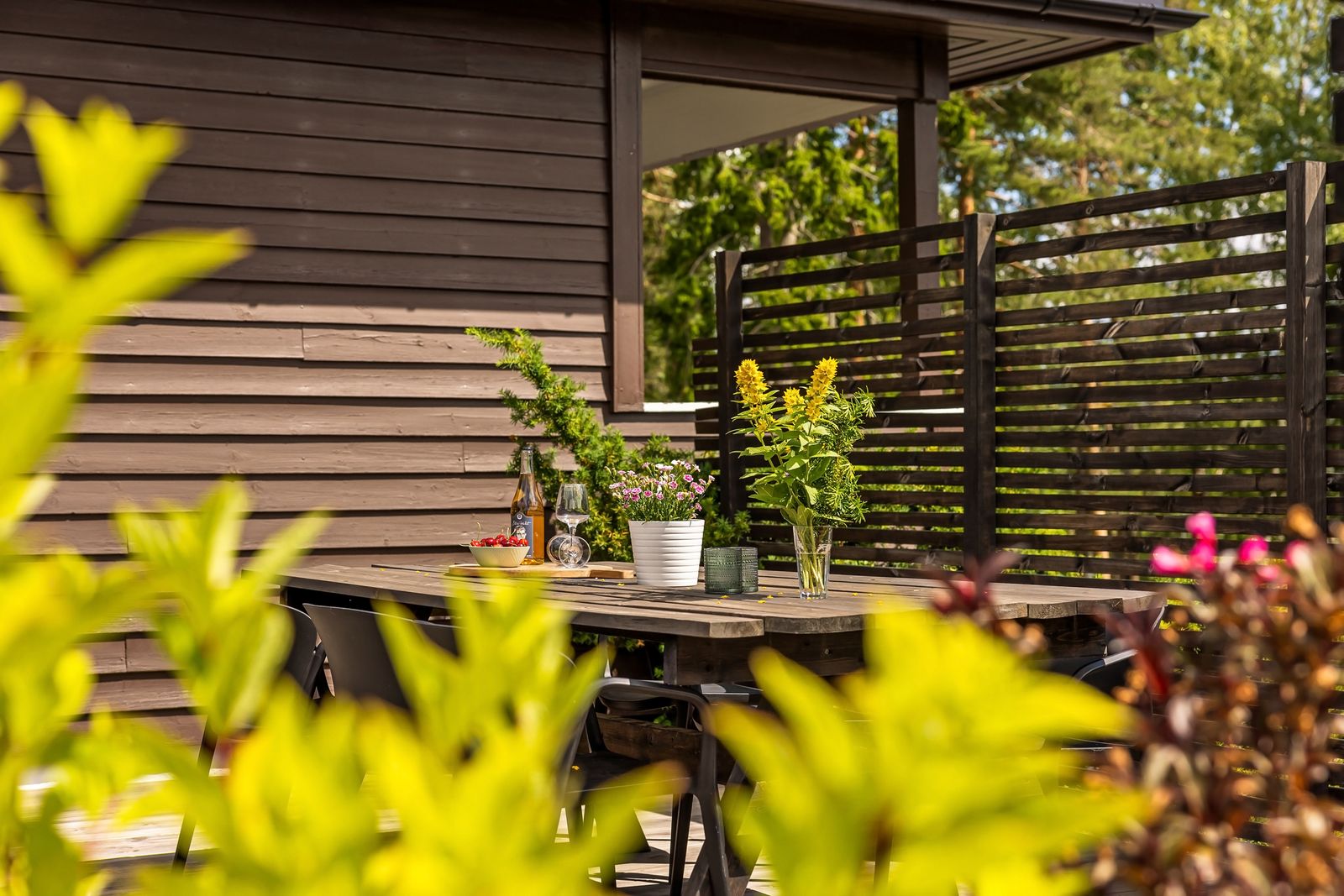 Terrasse en bois et plantes fleuries au soleil